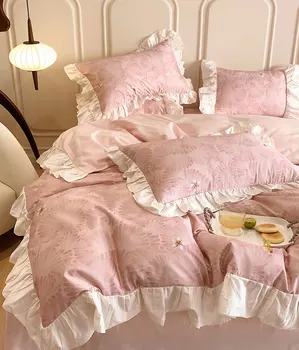 Fairyfair ruffle lill roosa roheline beding komplekt,täielik kuninganna kuningas magus maamees puuvill kodutekstiili voodi lehel padjapüür tekk kate