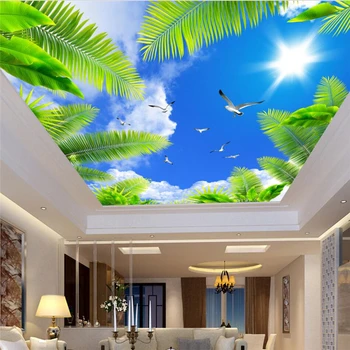 wellyu de papel parede Kohandatud taustpildi Ilus sinine taevas, valged pilved kookospähkli puud seascape päikest lae zenith seinamaaling