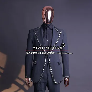 Luksus Metall Kaunistatud Meeste Ülikonnad Beaded Salli Rinnamikrofon Peigmees Pulmas Tuxedos 2 Tükki, Komplekti Mees Kõnniteed Blazer Mood Kostüüm Homme