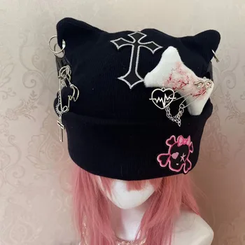 Y2K tüdruk subkultuuri Goth punk kass kõrva müts Risti Kolju armas kootud must villane müts
