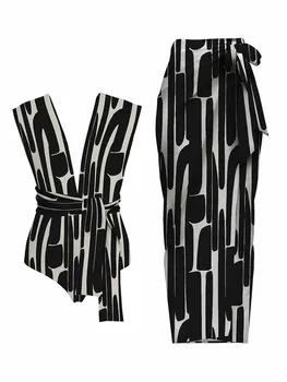 Mood Geomeetriline Print V-Kaeluse Ühes Tükis Ujumistrikoo ja Katta Kuni Lace Up Naiste Ujumisriided Kimono Luksus trikoo Beachwear 2024