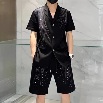 M-4XL!!2023 suvel new korea versioon, moe disaini kuum puurida lühikeste varrukatega meeste ülikond öö näita ülikond püksid, kahe-osaline komplekt