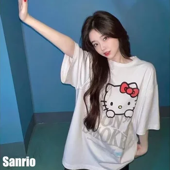 Sanrio Hello Kitty Fashion Lühikesed Varrukad Cartoon Valge Puuvillane Särk Disain Mõttes, Suvel Hingav Top Hip-Hop Stiilis T-Särk