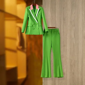 Roheline Puuvillane Naiste Kostüümid Komplekt 2 Tükki Pintsak+Püksid Jope Kevad Office Lady Igapäevatöös Kanda Mantel Topelt Karavan Tanssiaiset Kleit