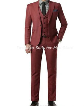 Uusim Lame Krae Pintsak Püksid Meestele Burgundia Sobivad Custom Made Üks Nupp Fashion Business Casual Sobib 3tk Jakk, Püksid, Vest